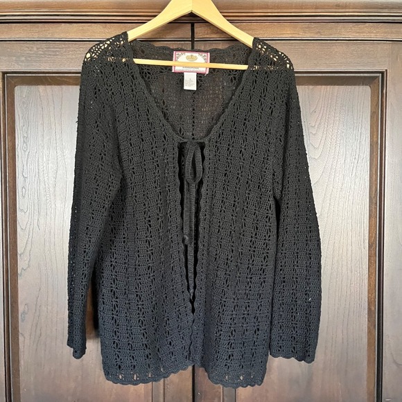 Tiara International Sweaters - Vintage TIARA INTERNATIONAL Crochet Cardigan Sweater M Black Y2K Boho Goth